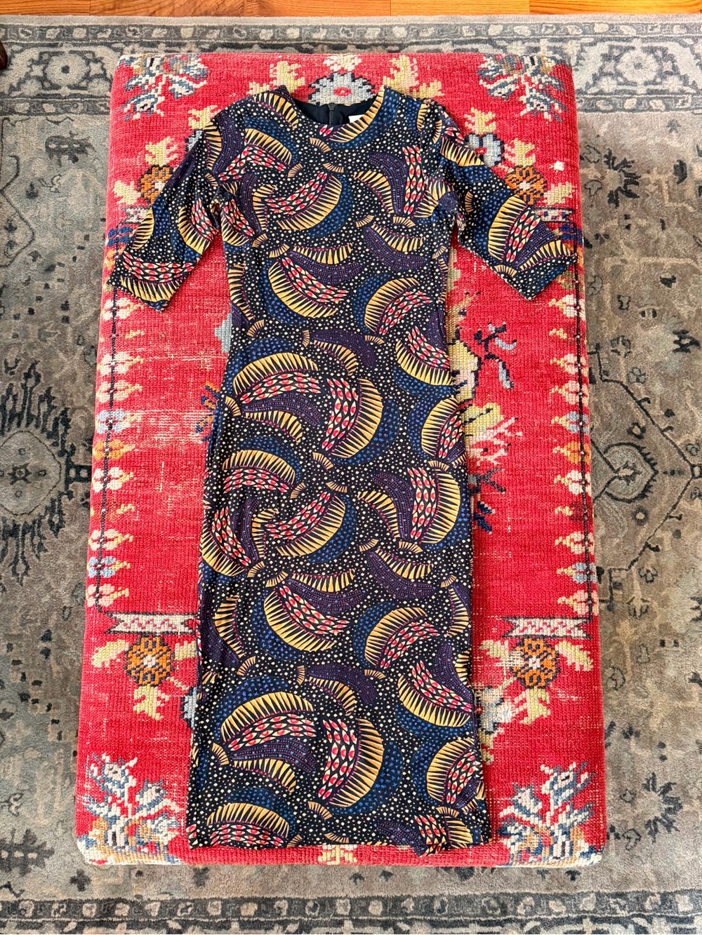 FARM Rio Navy Midi Dress with Yellow & Pink Fan Print